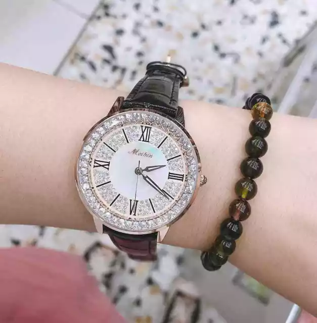 Orologio Polso Meibin Donna Quarzo Moda Brillantini Romans Cinturino Pelle lac