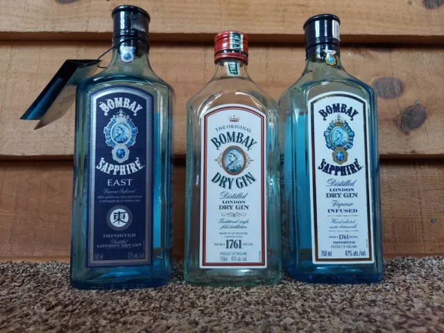 2 BLUE BOMBAY SAPPHIRE GIN BOTTLES, 1 BOMBAY DRY GIN, 750ml Empty w/caps crafts