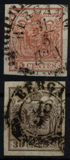 LOMBARDEI-VENETIEN 1850 2Marke:-15C und -30C, FEINSTDRUCK! Verschiedene BERGAMO