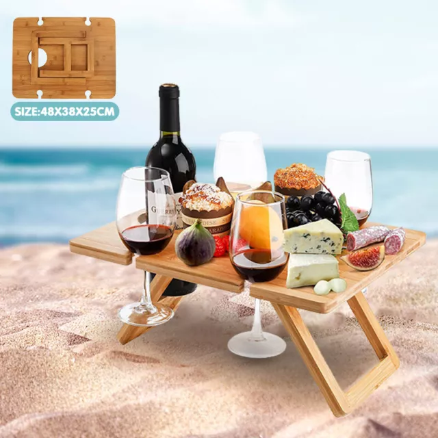 Bamboo Picnic Table With Wine Glass Holder Rack Folding Tray Outdoor Portable