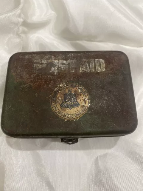 Vintage First Aid Travel Kit  Small Metal Box W Some Contents!