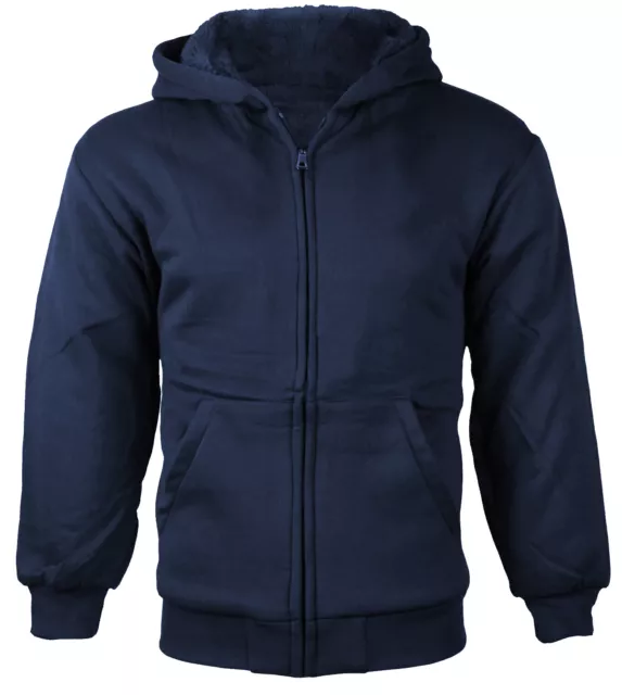 Boys Kids Athletic Sherpa Lined Fleece Zip Up Navy Hoodie Sweater Jacket - S