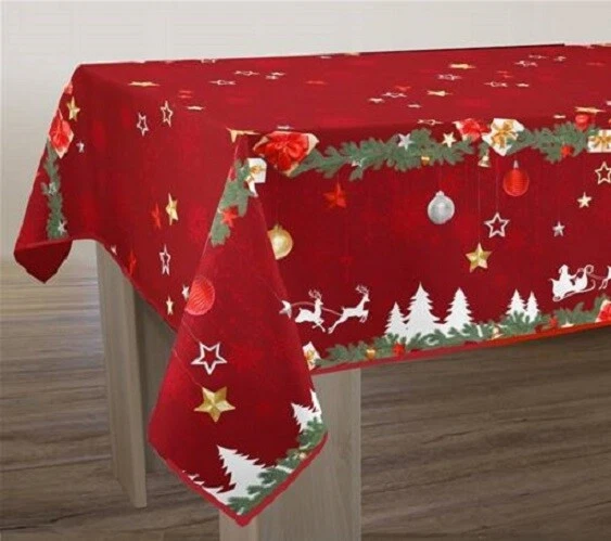 Nappe De Noël Toile Cirée Rectangulaire HANSEL - Motif Père Noël Rouge 140x250 Cm