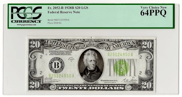 $20 1928B Federal Reserve Note New York Fr. 2052 "LIGHT GREEN SEAL" PCGS 64 PPQ