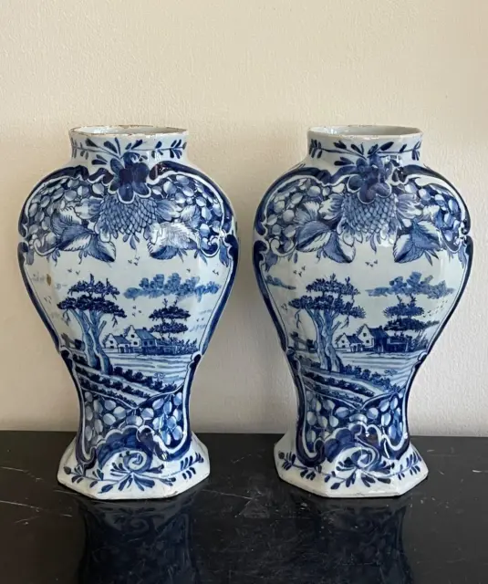 Authentic Antique Pair of Dutch Delftware De Lampetkan Decorative Vases