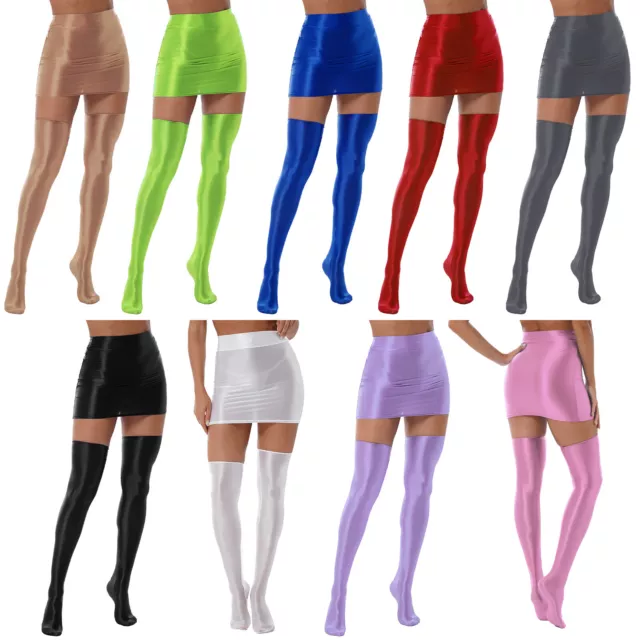 Womens Shiny Glossy Mini Skirt Party Cocktail Pencil Skirts with Stockings Set