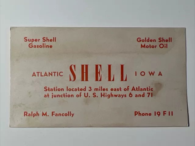 1940s Atlantic SHELL Iowa Motor Oil GASOLINE Golden Shell Business Card