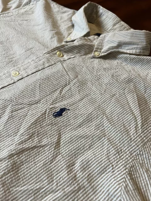 Ralph Lauren Polo Seersucker Shirt Mens Large Tan Stripe Short Sleeve Button Up