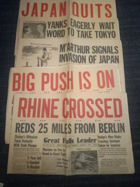 Lot of 5 WW2 WWII 1945 Newspapers RHINE CROSSED JAPAN QUITS ++