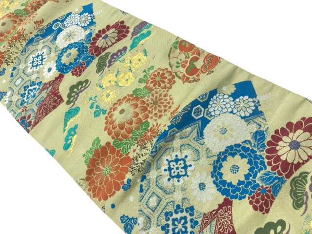 6315046: Japanese Kimono / Antique Nagoya Obi / Woven Kiku & Pine With Geome