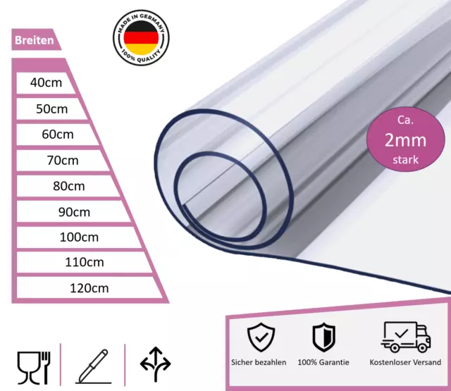 Tischfolie transparent klar Tischdecke Möbelschutz Tischmatte 2mm PVC