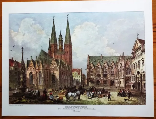 Braunschweig  Altstadtmarkt mit der Martinikirche  um 1845  Druck vom Stahlstich