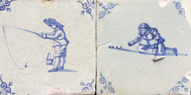 Antique 2 x Dutch Delft Tile Children-Play Fishing + Marbles 17th C.