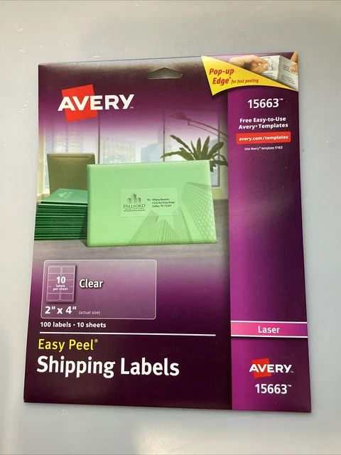 Avery Easy Peel Permanent Laser Address Labels, 15663, 2" x 4", Clear 100-Pk