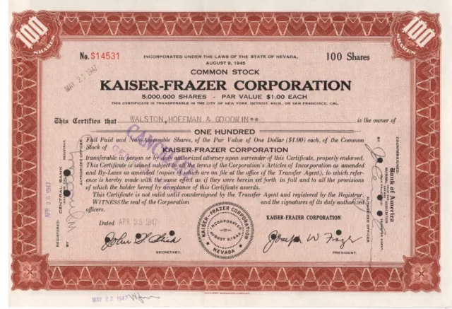 Kaiser-Frazer Corp. - Original Stock Certificate -1947 - S14531