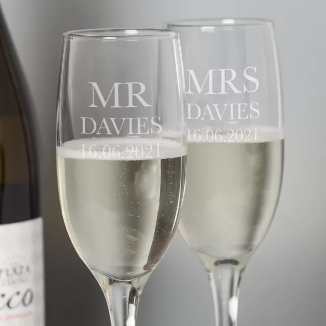 Personalised Engraved Champagne Flutes Glasses MR and MRS Wedding Anniversary