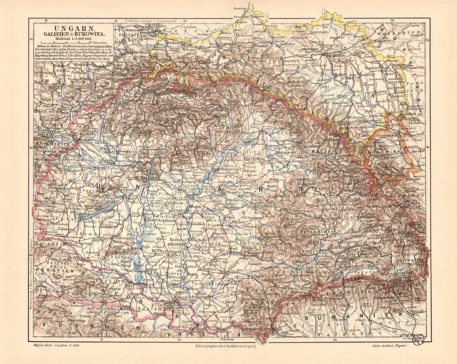 Ungarn Galizien Bukowina historische Landkarte Lithographie ca. 1908 alte Karte