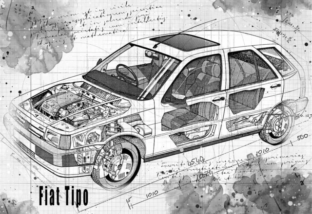 Line Tech Drawing  Fiat Tipo  Cutaway Art Poster Print
