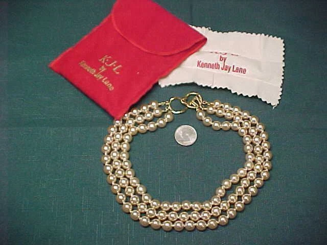 Vintage KJL Kenneth Jay Lane Logo Clasp Triple Strand Faux Pearl Choker Necklace