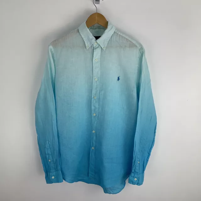 Ralph Lauren Men's Shirt Size M 100% Linen Blue Ombre Long Sleeve Summer Holiday