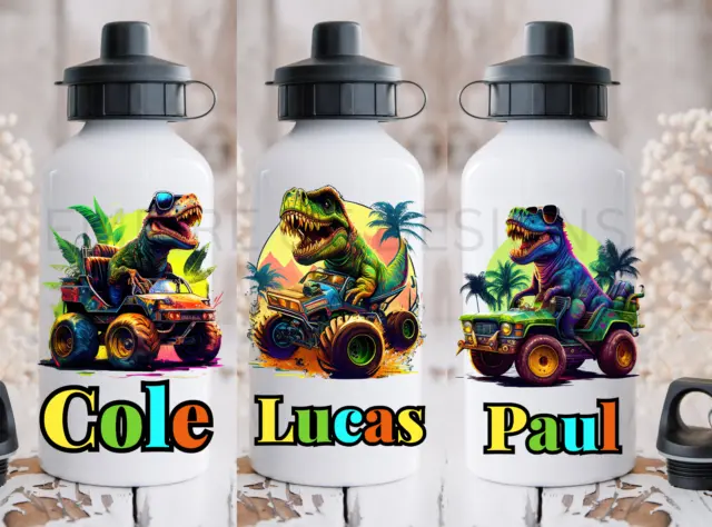 Personalised monster truck dinosaur water bottle, back to school, for boys, girl