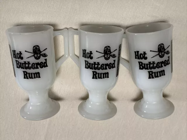 Vintage Hot Buttered Rum Trader Vics Milk Glass Footed Mug Pedestal Tiki Set 3 2