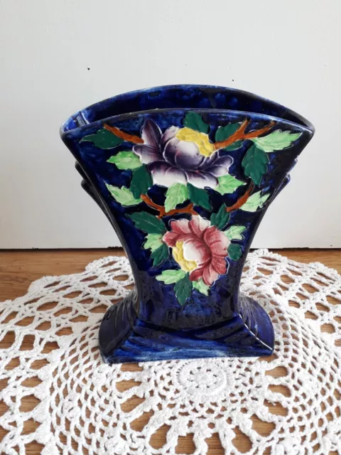 Art Deco1920's Maling Blu Cobalt Vase with Peonies Motif, Newcastle Upon Tyne