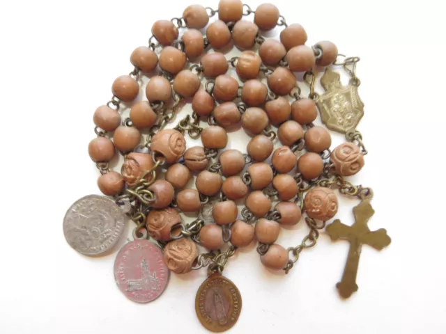 Late 1800s Medium Antique Unpolished Brown Wood Beads Rosary in Brass 2