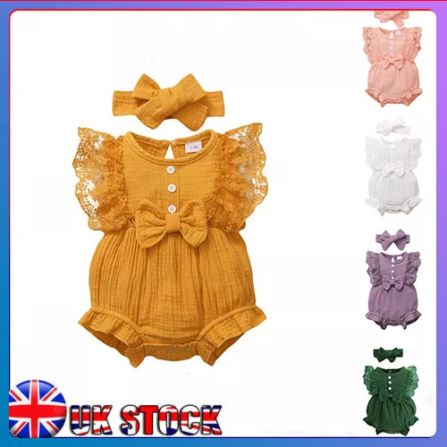 Newborn Baby Girl Clothes Ruffle Romper Jumpsuit Tops Pants Headband Set Outfits