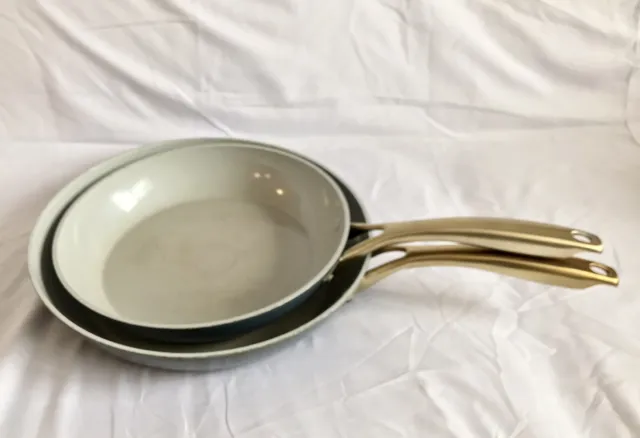 Lot of 2 Our Table Non-Stick Fry Saute Skillet Pan 10" + 12" w/ Brass Handles