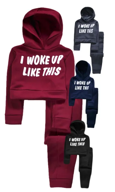 Girls Tracksuit New Kids Crop Hoodie And Joggers Slogan Set Ages 2 - 13 Years