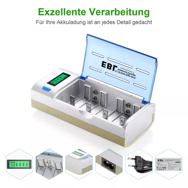 EBL LCD Batterie Ladegerät für AA/AAA/C/D/9V NI-MH NI-CD Akku LCD LED Anzeige DE