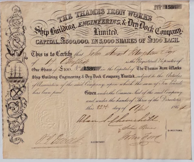1864 Thames Iron Works Ship Building, Engineering & Dry Dock Co. Ltd. £100 share