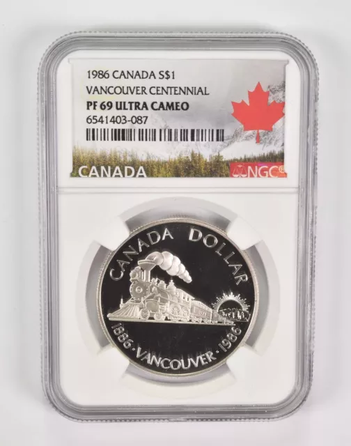 1986 PF69 UCam Canadian $1 Silver Dollar Vancouver Centennial NGC *0443