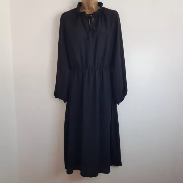 NEW Ex DOROTHY PERKINS 10-20 Ruffle Keyhole Tie Neck Black Midi Dress