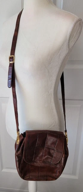 Italian Croc Embossed Crossbody Bag Purse Brown Cowhide Leather