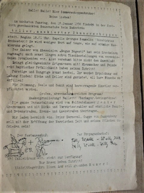 Haderbräu Wolfratshausen 1936 Flugblatt Fasching Werbung antiquarisch