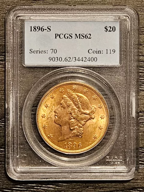 1896-S $20 Gold Liberty ✪ Pcgs Ms-62 ✪ Double Eagle Coin Scarce Date ◢Trusted◣