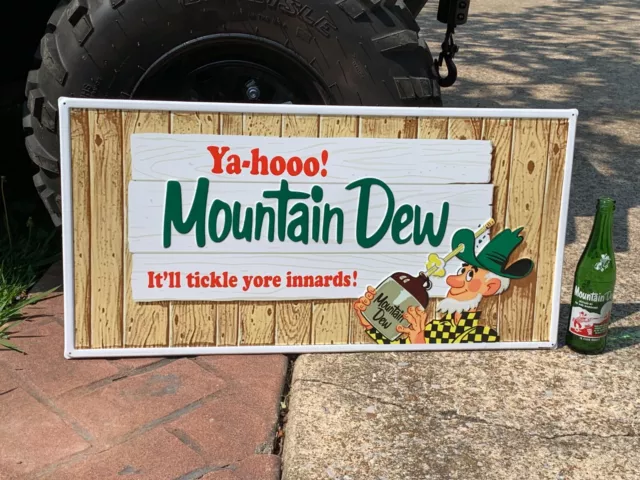 "MOUNTAIN DEW" EMBOSSED METAL ADVERTISING SIGN (29.5"x 14.5") EXCELLENT COND