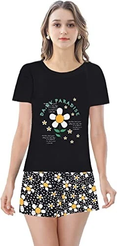 ABeCue Womens Cute  Black Daisy Set Pajamas Cartoon Tee and Shorts PJS Set XS