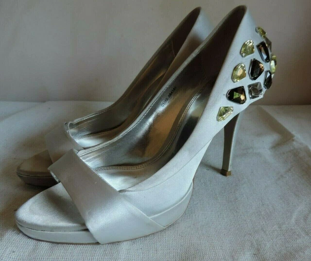 Faith Silver Grey Satin Jewelled Peep Toe Court Shoes Wedding Occasion UK6 EU39
