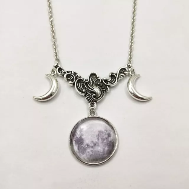 TRIPLE Moon Goddess Crescent Necklace Pagan Wicca Fantasy Silver Pendant Gothic