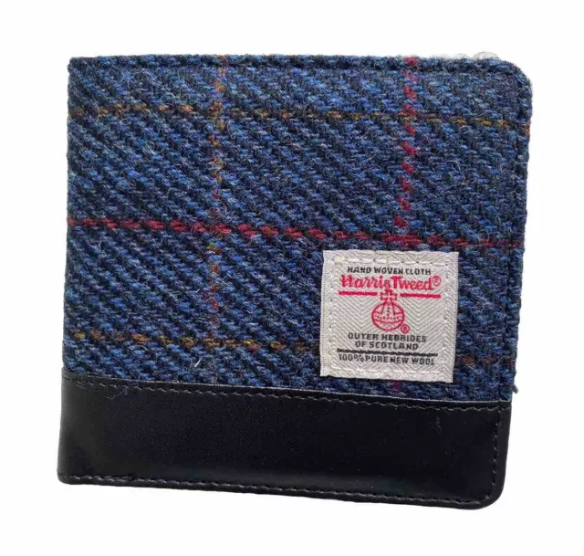 HARRIS TWEED WALLET BLUE Mens Scottish Check Harris Tweed Fold Wallet Black