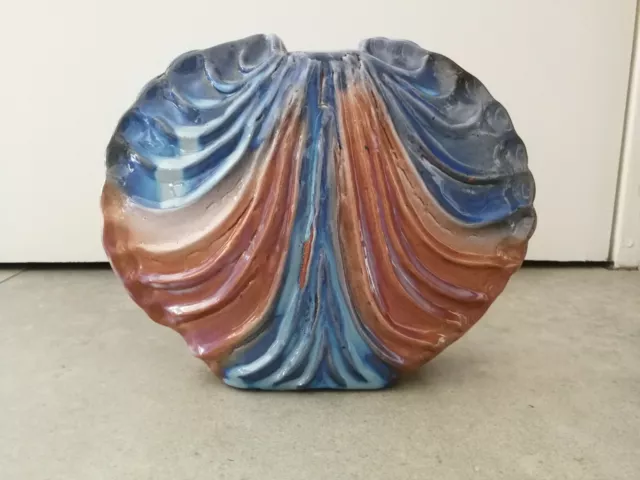 Vase céramique vintage forme coquillage bleu et marron glacé (Guy Renard 1982)