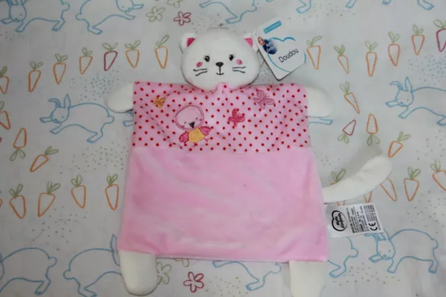 DOUDOU MOTS D'ENFANTS CHAT PLAT ROSE BLANC PAPILLON OISEAU POIS NEUF étiquette