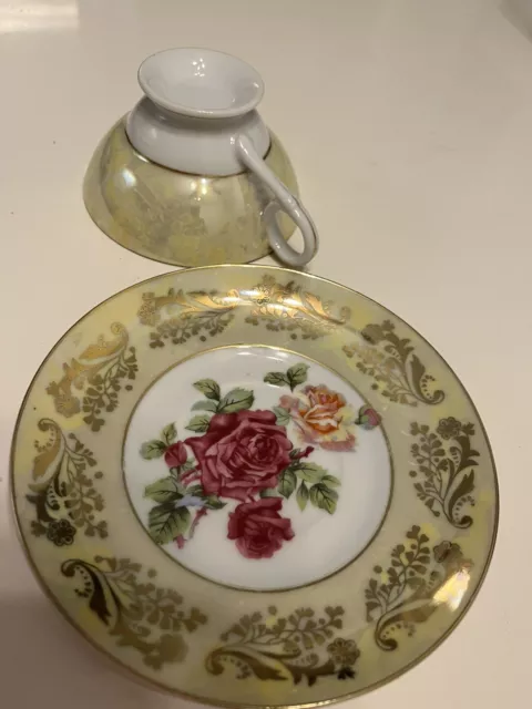 Royal Sealy China Japan Footed Tea Cup Saucer Yellow Pearl w Pink Roses Vintage 2