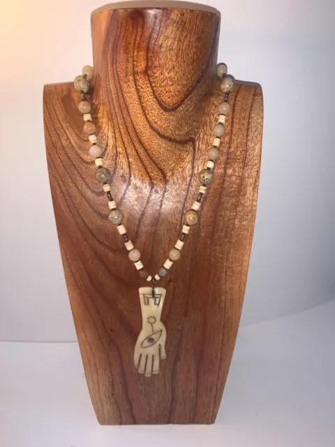 Handmade Jasper and Bone Necklace with Sterling Clasp Hand Pendant