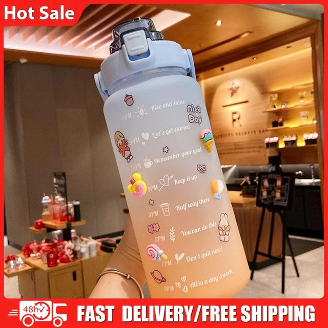 2L Water Bottle Straw Cup Sport Time Scale Jug w/ Stickers (Gradient Blue)