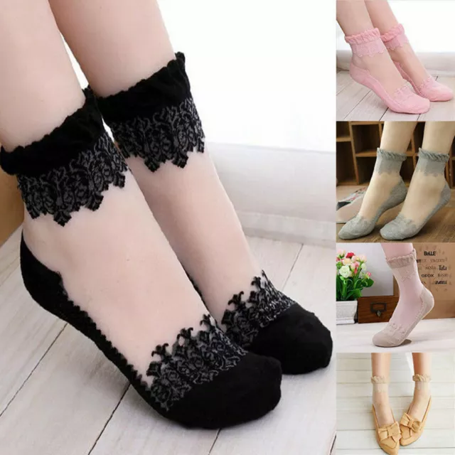 Women's Ultrathin Ankle Socks Cute Transparent Crystal Silk Lace Elastic Short