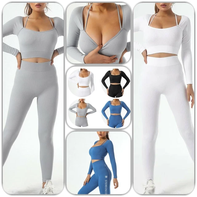 Set palestra yoga sport fitness abbigliamento outfit leggins crop top maniche lunghe tuta sportiva